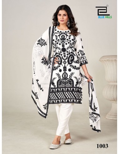 Ensemble Salwar Kameez Blanc avec Broderies Noires et Dupatta Transparente  - 1