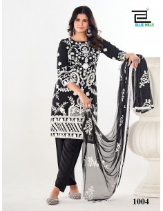 Ensemble Salwar Kameez Noir avec Broderies Blanches et Dupatta Transparente  - 1