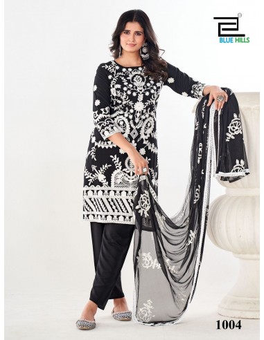 Ensemble Salwar Kameez Noir avec Broderies Blanches et Dupatta Transparente  - 1