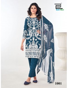 Ensemble Salwar Kameez Bleu vert avec Broderies Blanches et Dupatta Transparente  - 1