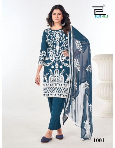 Ensemble Salwar Kameez Bleu vert avec Broderies Blanches et Dupatta Transparente  - 1