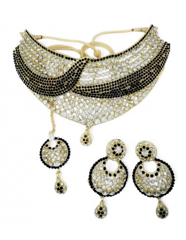 Parure de Bijoux Dorée et Cristaux Noirs – Collier Plastron et Boucles d'Oreilles Pendantes  - 1