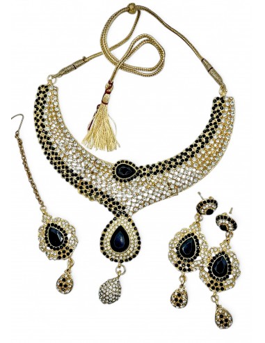 Parure de Bijoux Dorée avec Pierres Noires et Cristaux – Collier et Boucles d'Oreilles  - 1