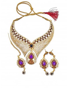 Parure Bijoux indiens Humeira mauve et doré  - 1