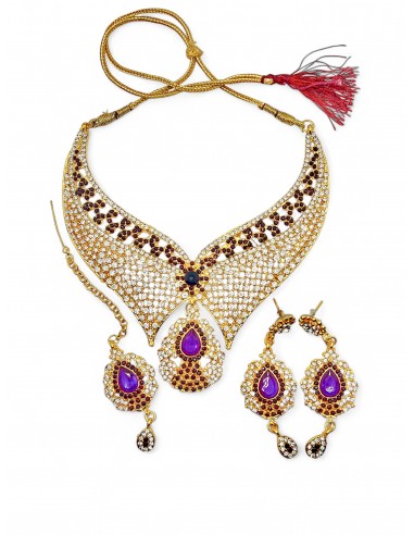 Parure de Bijoux Dorée avec Pierres Violettes et Cristaux – Collier et Boucles d'Oreilles  - 1