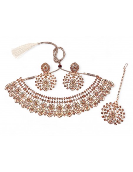 Parure de Bijoux Cuivrée et Cristaux – Collier, Boucles d'Oreilles et Bracelet  - 1