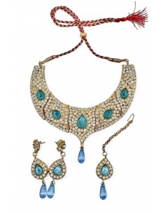 Parure Bijoux indiens Humeira bleu turquoise dore  - 1