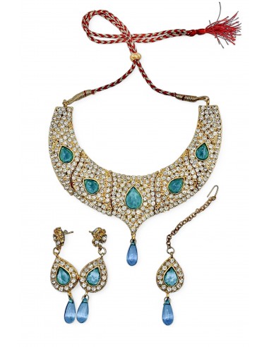 Parure Bijoux indiens Humeira bleu turquoise dore  - 1