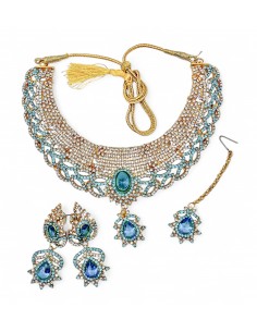 Parure de Bijoux Dorée avec Pierres Bleues et Cristaux – Collier, Boucles d'Oreilles et Bracelet  - 1