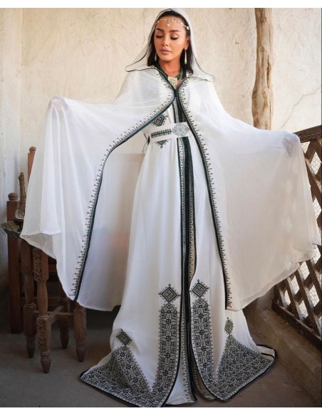 Caftan blanc traditionnel marocain fassi brodé vert – Robe de cérémonie  - 1