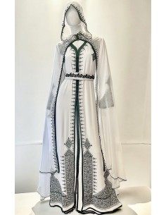 Caftan blanc traditionnel marocain fassi brodé vert – Robe de cérémonie  - 1 2