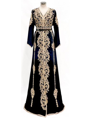 Caftan 2 pièces noir brodé doré et bleu – Robe de cérémonie orientale luxueuse  - 1