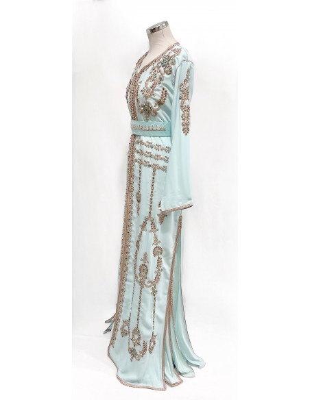 Caftan bleu ciel brodé argent et turquoise – Robe de cérémonie orientale  - 6