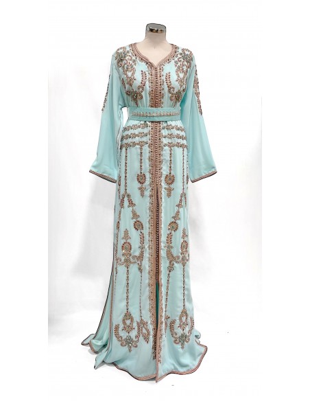 Caftan bleu ciel brodé argent et turquoise – Robe de cérémonie orientale  - 4