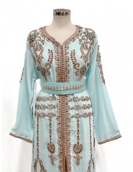 Caftan bleu ciel brodé argent et turquoise – Robe de cérémonie orientale  - 5