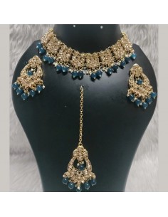 Parure de Bijoux Dorés avec Perles Bleues – Collier, Boucles d'Oreilles et Chaîne de Front  - 1