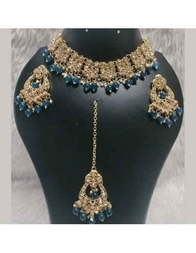 Parure de Bijoux Dorés avec Perles Bleues – Collier, Boucles d'Oreilles et Chaîne de Front  - 1