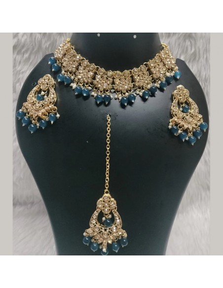 Parure de Bijoux Dorés avec Perles Bleues – Collier, Boucles d'Oreilles et Chaîne de Front  - 1