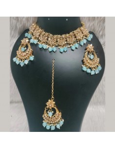 Parure de Bijoux Dorés avec Perles Turquoise – Collier, Boucles d'Oreilles et Chaîne de Front  - 1