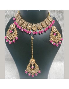 Parure de Bijoux Dorés avec Perles Roses – Collier, Boucles d'Oreilles et Chaîne de Front  - 1