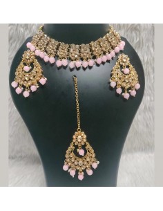 Parure de Bijoux Dorés avec Perles Roses Pâles – Collier, Boucles d'Oreilles et Chaîne de Front  - 1