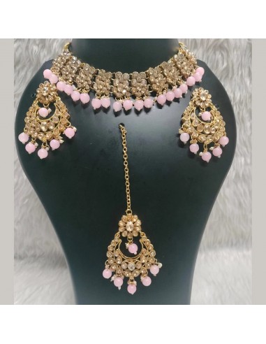 Parure Bijoux indiens kumavat dore Rose poudre  - 1