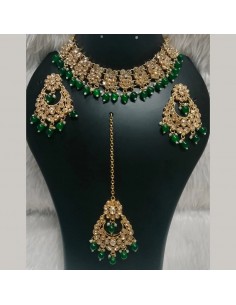 Parure de Bijoux Dorés avec Perles Vertes – Collier, Boucles d'Oreilles et Chaîne de Front  - 1