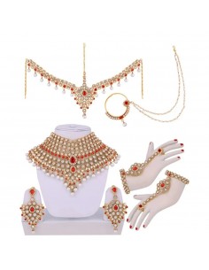 Parure de Mariage Indienne Dorée avec Pierres Rouges et Perles – Ensemble Collier  - 1