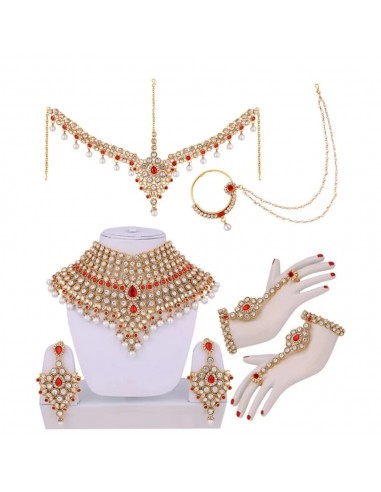 Parure de Mariage Indienne Dorée avec Pierres Rouges et Perles – Ensemble Collier  - 1