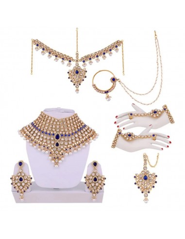 Parure Indienne Dorée et Bleue – Collier, Boucles, Chaîne Front, Anneau de Nez, Bracelets  - 1