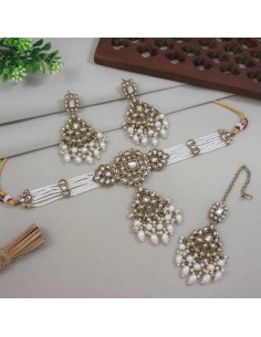 Parure Indienne Dorée et Perles Blanches – Collier, Boucles, Maang Tikka  - 1