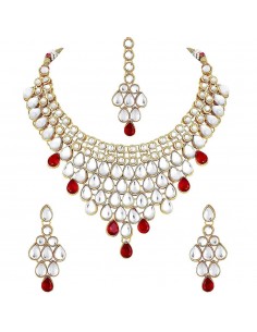 Parure Bijoux indiens ethnico cristal perle Rouge et doré  - 1