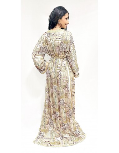 Takchita Lahrossa tissu sari blanc cassée et doré caftan lille  - 2