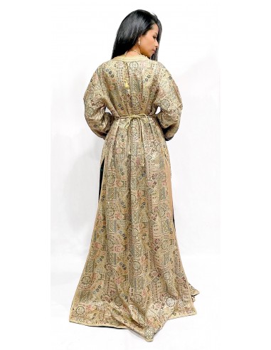 Caftan doré avec ceinture bijou et fond vert – Robe de cérémonie luxueuse  - 3