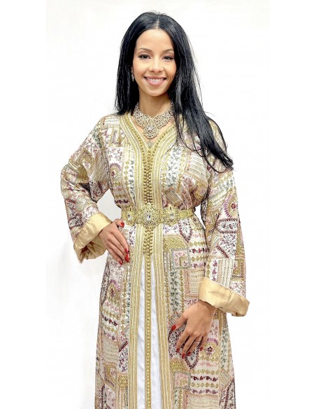 Caftan sari marocain Takchita blanc et beige location lille  - 2