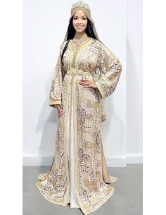 Caftan sari marocain Takchita blanc et beige location lille  - 1