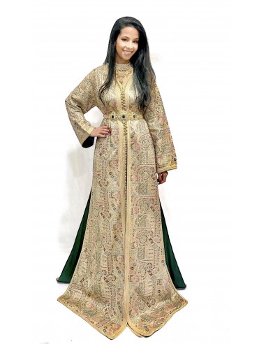 Caftan sari marocain Takchita beige et vert location lille  - 1