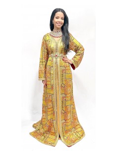 Caftan sari marocain Takchita jaune et rose location lille  - 1