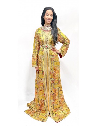 Caftan sari marocain Takchita jaune et rose location lille  - 1