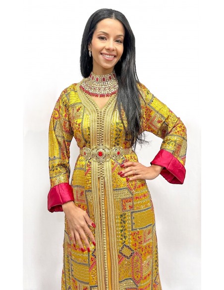 Caftan sari marocain Takchita jaune et rose location lille  - 2