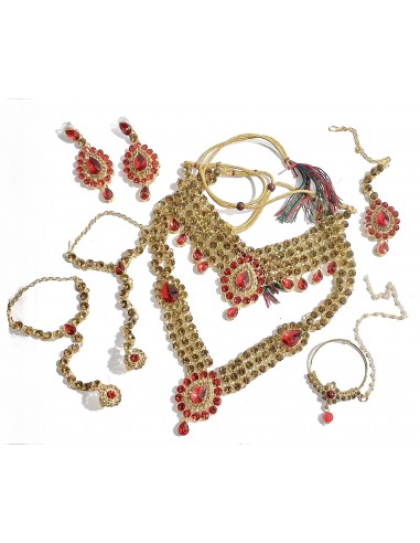 Parure Indienne Dorée et Rouge – Collier, Boucles, Bracelet, Tikka  - 1