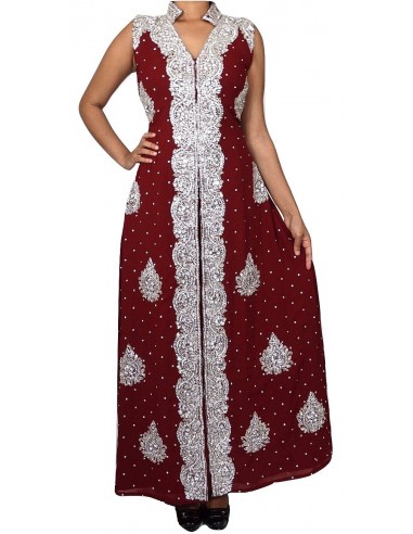 Robe indienne de soirée dhkamak cristal Argenté et rouge SEPT16  - 1