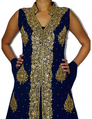 Robe indienne de Soirée dhamak Bleu marine et doré AV21  - 5