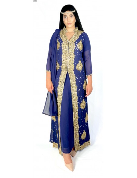 Robe indienne de Soirée dhamak Bleu marine et doré AV21  - 2