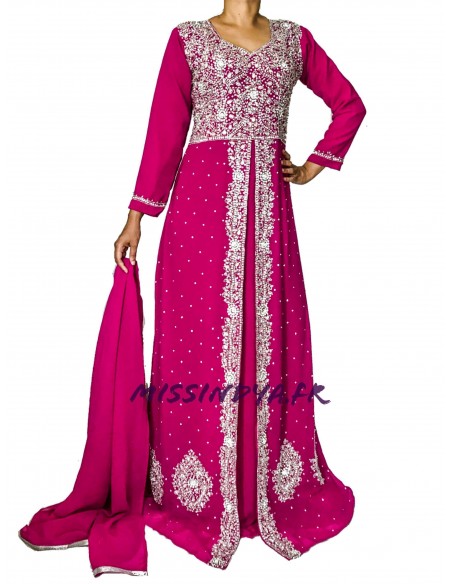 Robe de Soirée indienne Dhamak style caftan rose  - 3