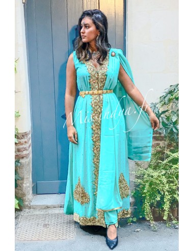 Robe indienne de Soirée bleu vert et dore  - 1