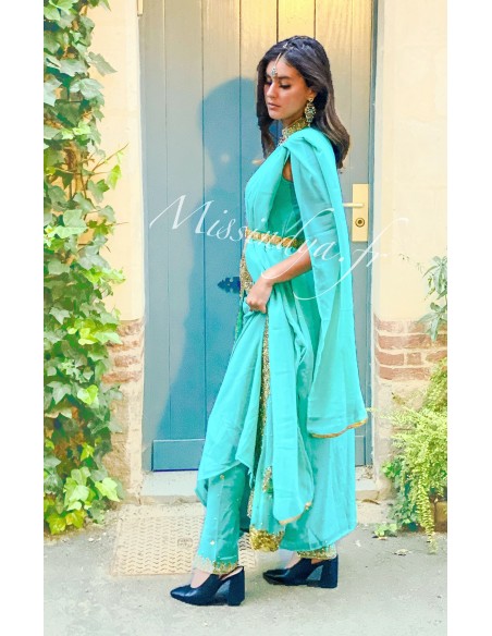 Robe indienne de Soirée bleu vert et dore  - 2