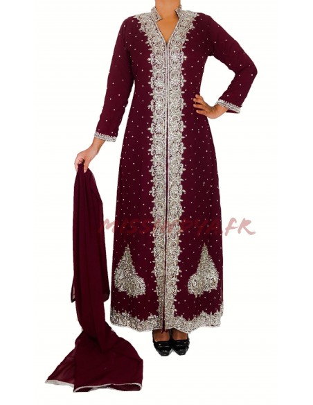 Robe indienne de Soirée Perlé strass argenté et bordeaux  - 1