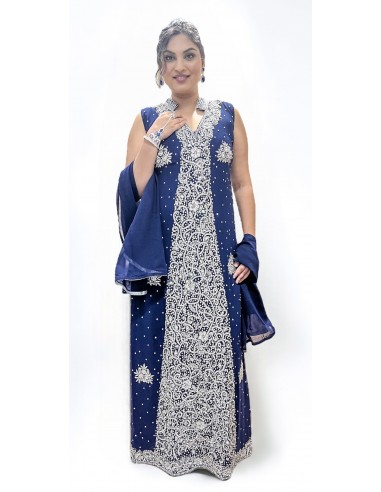 Robe de soirée indienne bleu nuit et argenté  - 1