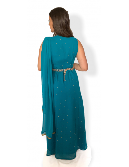 Robe de Soirée oriental Bleu Turquoise Vert et dore  - 5